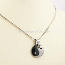 Black Silver Two Tone Round Stainless Steel Yin Yang Necklace With Diamond